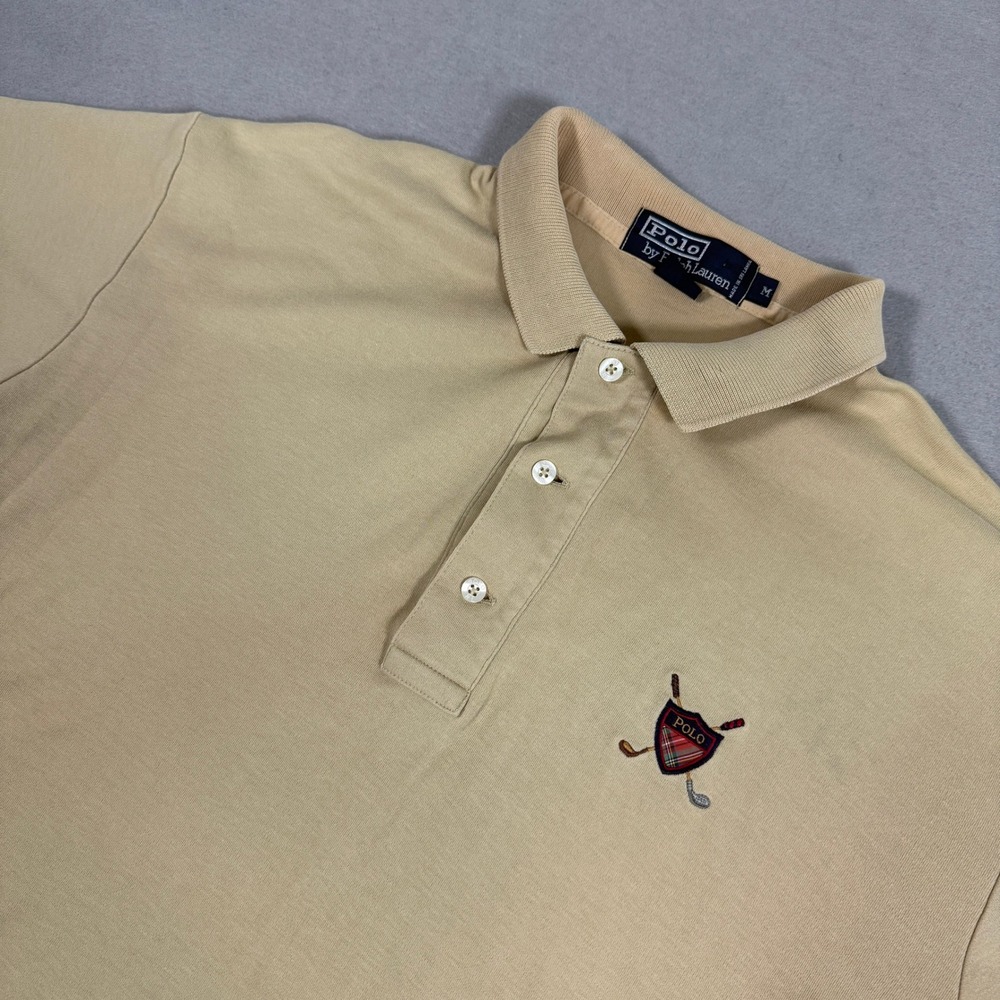 Vintage Polo Ralph Lauren Mens Polo Shirt M Tan Cotton Crest Logo Short Sleeve
